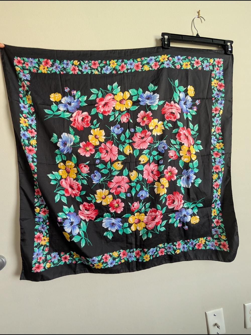 Black Floral Square Scarf 35" with Red, Yellow & Blue Flowers